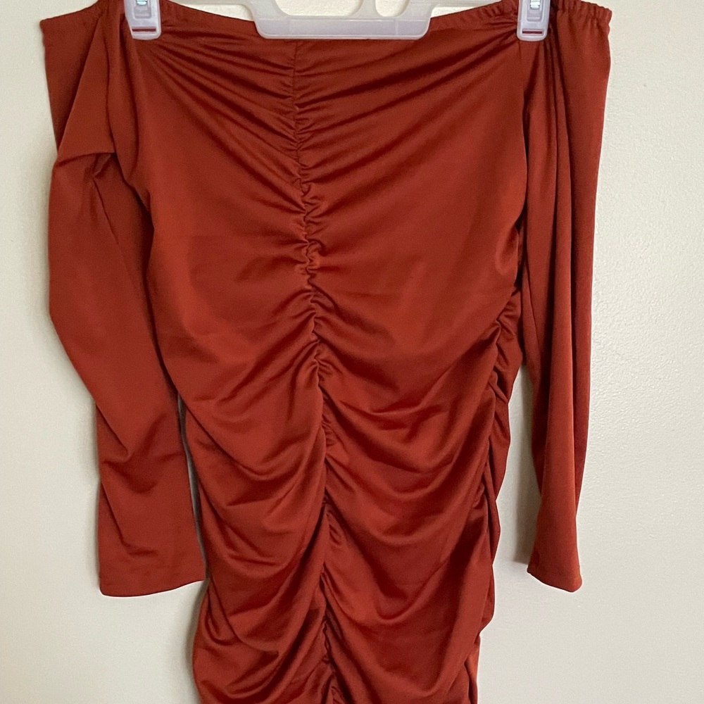 Reddish brown off the shoulder clingy dress NEVER WORN